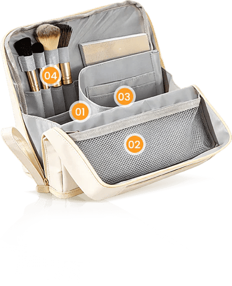 Cutout view showing brush loops, inner sleeves, main compartment and mesh pocket