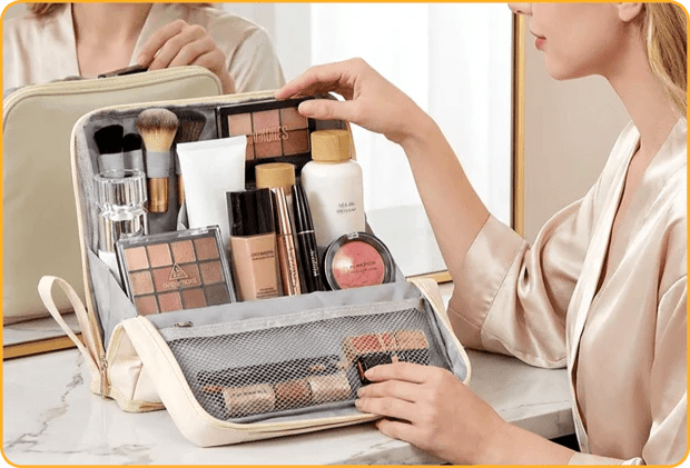 Organizer open and in use on a dressing table