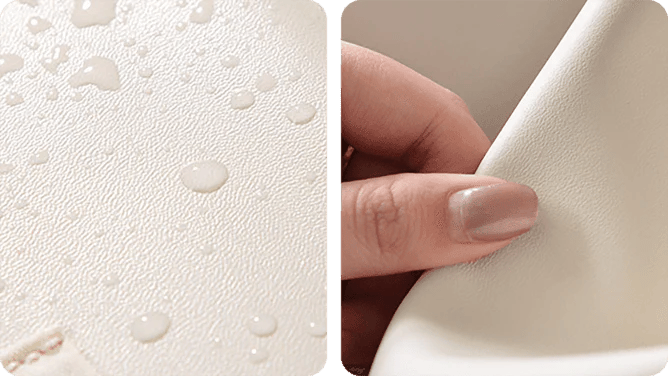 Water droplets on the textured PU exterior and a hand wiping the material